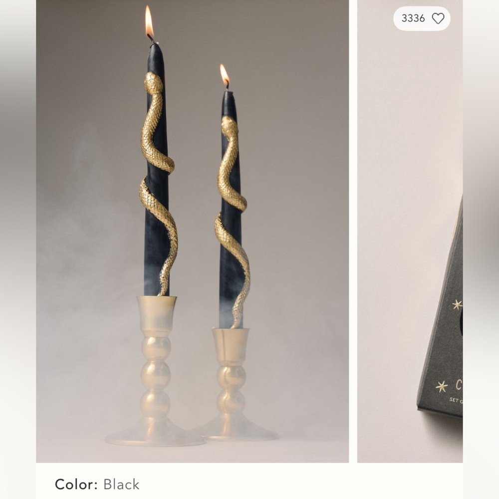 Anthropologie Black Taper Candles with Gold Snake Design
